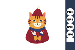 Cute orange cat wearing red winter hat and sweater holding f Product Image 1