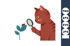 Curious brown cat examining ladybug on green leaf with magni Product Image 1