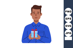 Man holding gift box with red ribbon in blue shirt vector il Product Image 1