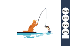 Cat fishing with rod catching jumping fish on water surface Product Image 1