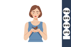 Woman holding a small bird calmly in hands with closed eyes Product Image 1