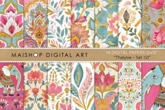 Exotic thalysia patterns featuring decorated bohemian elephants and colorful floral seamless backgrounds with gold accents.