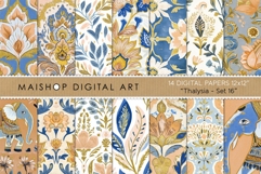 Exotic thalysia patterns featuring decorated bohemian elephants and colorful floral seamless backgrounds in warm earth tones.