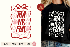 Thankful SVG PNG design with retro typography, pumpkins, autumn leaves, and a red coquette bow frame