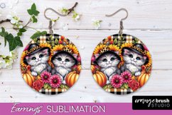 Fall Cat Round Earrings -Thanksgiving Earring Sublimation Product Image 1