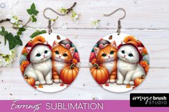 Fall Cat Round Earrings -Thanksgiving Earring Sublimation Product Image 1