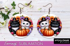 Fall Cat Round Earrings -Thanksgiving Earring Sublimation Product Image 1
