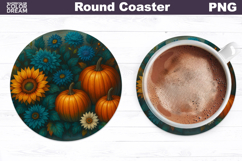 Thanksgiving Round Coaster | Fall Pumpkin Floral Coaster Product Image 1
