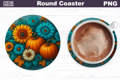 Thanksgiving Round Coaster | Fall Pumpkin Floral Coaster Product Image 1