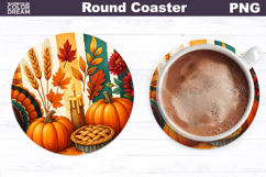 Thanksgiving Round Coaster | Fall Pumpkin Floral Coaster Product Image 1