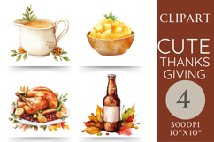 Watercolor Thanksgiving clipart set with turkey dinner, gravy boat, mashed potatoes, and beer bottle, 4 PNG graphics