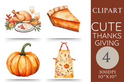 Watercolor Thanksgiving clipart set with roast turkey, pumpkin pie slice, whole pumpkin, and autumn apron, 4 PNG graphics