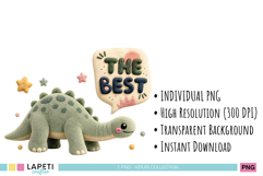 Green dinosaur illustration with soft toy texture and transparent background