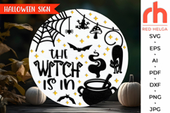 the witch is in svg, cauldron silhouette svg, spooky hanger svg, halloween sign svg, welcome sign svg, autumn circle dxf, fall door sign svg, hanging sign svg, witch cat cut file, round door sign svg, porch sign svg, front sign svg, outside sign svg