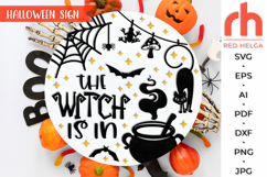 the witch is in svg, cauldron silhouette svg, spooky hanger svg, halloween sign svg, welcome sign svg, autumn circle dxf, fall door sign svg, hanging sign svg, witch cat cut file, round door sign svg, porch sign svg, front sign svg, outside sign svg