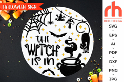 the witch is in svg, cauldron silhouette svg, spooky hanger svg, halloween sign svg, welcome sign svg, autumn circle dxf, fall door sign svg, hanging sign svg, witch cat cut file, round door sign svg, porch sign svg, front sign svg, outside sign svg