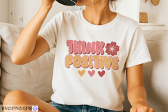 Vibrant think positive t shirt design with floral and heart Product Image 2