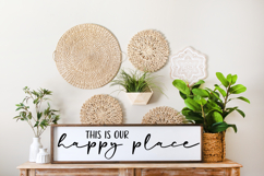 Digital SVG, PNG, EPS, and DXF files included for easy crafting. Make your own farmhouse-style “This Is Our Happy Place” sign with Cricut or Silhouette.