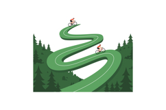 Two cyclists riding uphill on winding green mountain road su Product Image 1