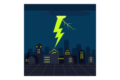 Urban cityscape with houses and glowing windows struck by br Product Image 1