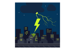 Cityscape at night with bright yellow lightning striking hou Product Image 1