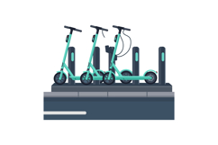 Electric scooters parked in urban charging station flat desi Product Image 1