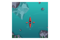 Single kayaker paddling in calm blue water near rocks and pi Product Image 1
