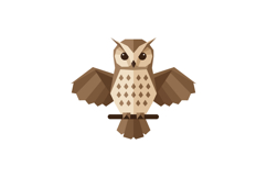 Brown owl with wings spread perched on branch flat geometric Product Image 1