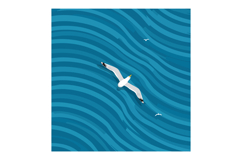 Seagulls flying over wavy blue ocean water in flat minimal s Product Image 1