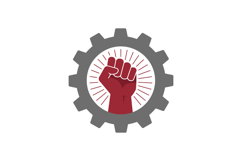 Raised clenched fist inside industrial gear symbolizing stre Product Image 1