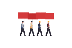 Group of diverse workers holding red protest signs walking f Product Image 1
