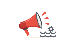 Red megaphone with sound waves and gear icon in flat design Product Image 1