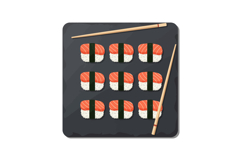 Salmon nigiri sushi pieces arranged on black plate with wood Product Image 1