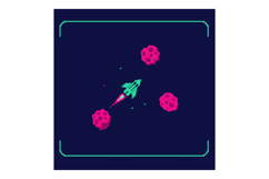 Retro style spaceship navigating through pink asteroids in s Product Image 1