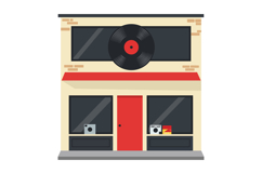 Vinyl record store facade with red door and large black reco Product Image 1