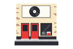 Vintage music store exterior with red doors and vinyl record Product Image 1
