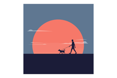 Silhouette of man walking dog at sunset minimal flat design Product Image 1