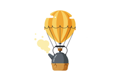Hot air balloon shaped like a steaming kettle with woven bas Product Image 1