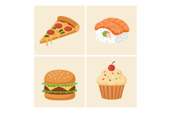 Assorted fast food items flat design with pizza slice sushi Product Image 1