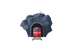 Red train emerging from rocky mountain tunnel with railway t Product Image 1