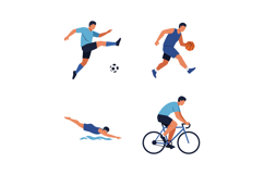 Four male athletes playing soccer basketball swimming and cy Product Image 1