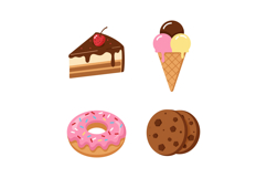 Assorted dessert foods flat style with cake slice cherry ice Product Image 1