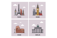Iconic European landmarks flat design featuring Eiffel Tower Product Image 1