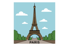 Eiffel Tower landmark with trees and clouds minimal flat des Product Image 1