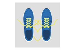 Blue athletic shoes with yellow laces forming heart shape mi Product Image 1