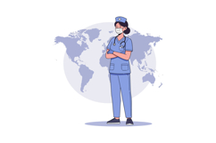 Female nurse in blue scrubs with mask and stethoscope standi Product Image 1