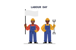 Two construction workers in helmets holding flag and wrench Product Image 1
