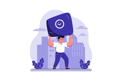 Young man lifting large clock icon with city buildings backg Product Image 1