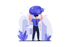 Man lifting large blue piggy bank outdoors urban flat design Product Image 1