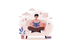 Young man sitting cross-legged on beige sofa reading book ca Product Image 1